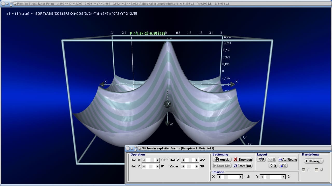 Flächen mit Funktion in expliziter Form - Bild 3 - Funktionen mit mehreren Variablen - 3D-Graphen - Plotter - Echtzeit-3D-Graph Plotter - 3D Surface plotter - Plotten von Flächen - 3D-Plotter für f(x,y) - Funktionen mit 2 Variablen zeichnen - Plotten - Graph - Darstellen - Rechner